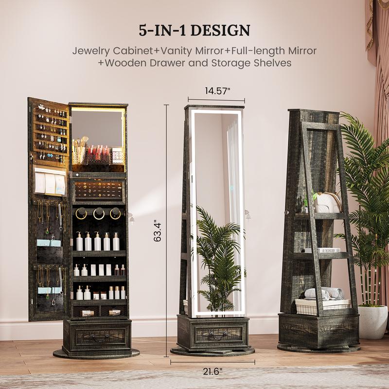 Miuvanity 5-in-1 360° Swivel Jewelry Cabinet with LED Mirror – Lockable, Standing Armoire with 108 Earring Slots & Full-Length Mirror