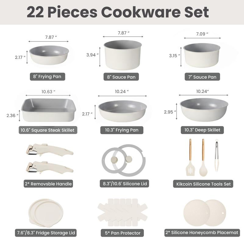 Kikcoin Ceramic Pro 22-Piece Nonstick Cookware Set – Detachable Handles, SGS Certified, PFOA-Free, Stackable