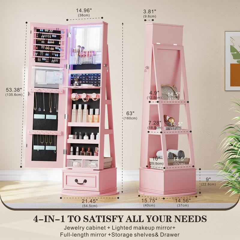 Miuvanity 5-in-1 360° Swivel Jewelry Cabinet with LED Mirror – Lockable, Standing Armoire with 108 Earring Slots & Full-Length Mirror