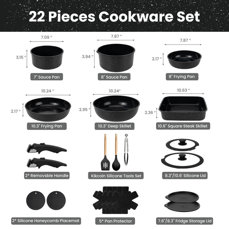 Kikcoin Ceramic Pro 22-Piece Nonstick Cookware Set – Detachable Handles, SGS Certified, PFOA-Free, Stackable