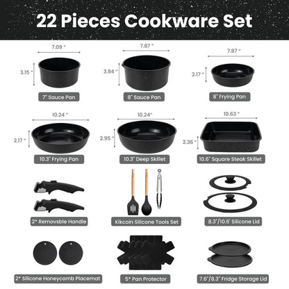 Kikcoin Ceramic Pro 22-Piece Nonstick Cookware Set – Detachable Handles, SGS Certified, PFOA-Free, Stackable