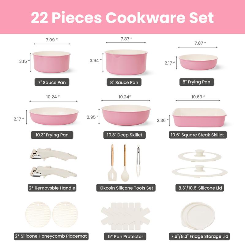 Kikcoin Ceramic Pro 22-Piece Nonstick Cookware Set – Detachable Handles, SGS Certified, PFOA-Free, Stackable