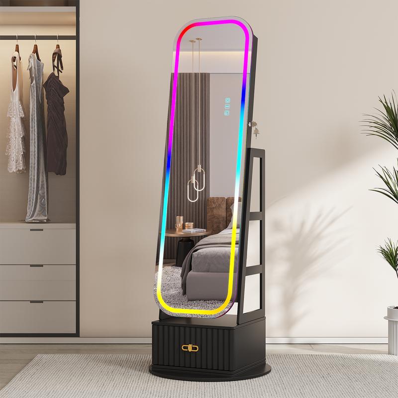 Miuvanity 5-in-1 360° Swivel Jewelry Cabinet with LED Mirror – Lockable, Standing Armoire with 108 Earring Slots & Full-Length Mirror