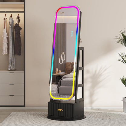 Miuvanity 5-in-1 360° Swivel Jewelry Cabinet with LED Mirror – Lockable, Standing Armoire with 108 Earring Slots & Full-Length Mirror