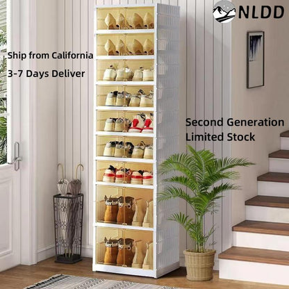 9-Tier Foldable Shoe Organizer with Clear Doors – Holds 18 Pairs, Wheeled, Tool-Free Assembly