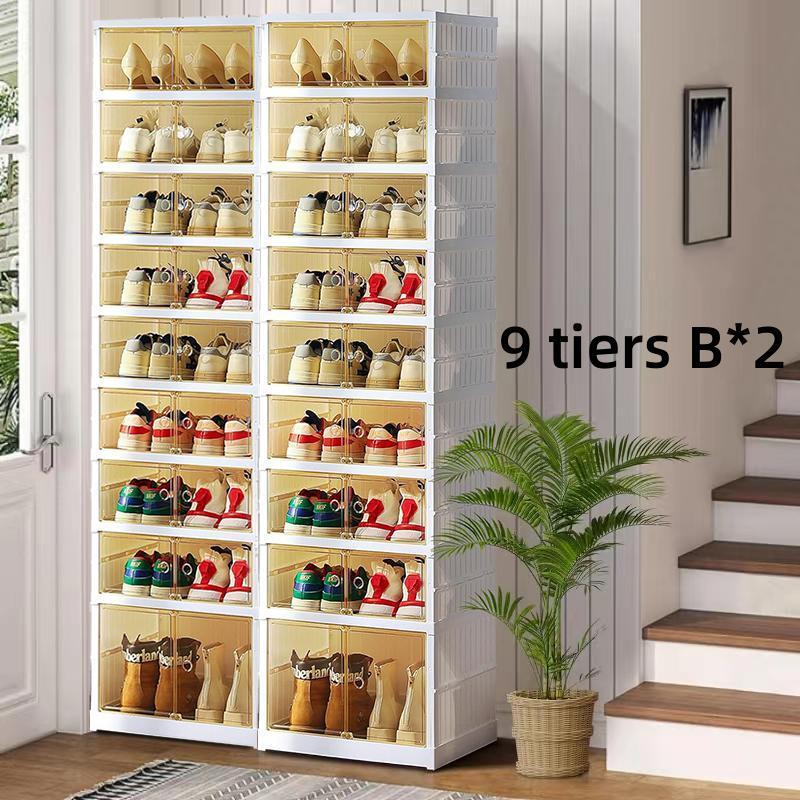 9-Tier Foldable Shoe Organizer with Clear Doors – Holds 18 Pairs, Wheeled, Tool-Free Assembly