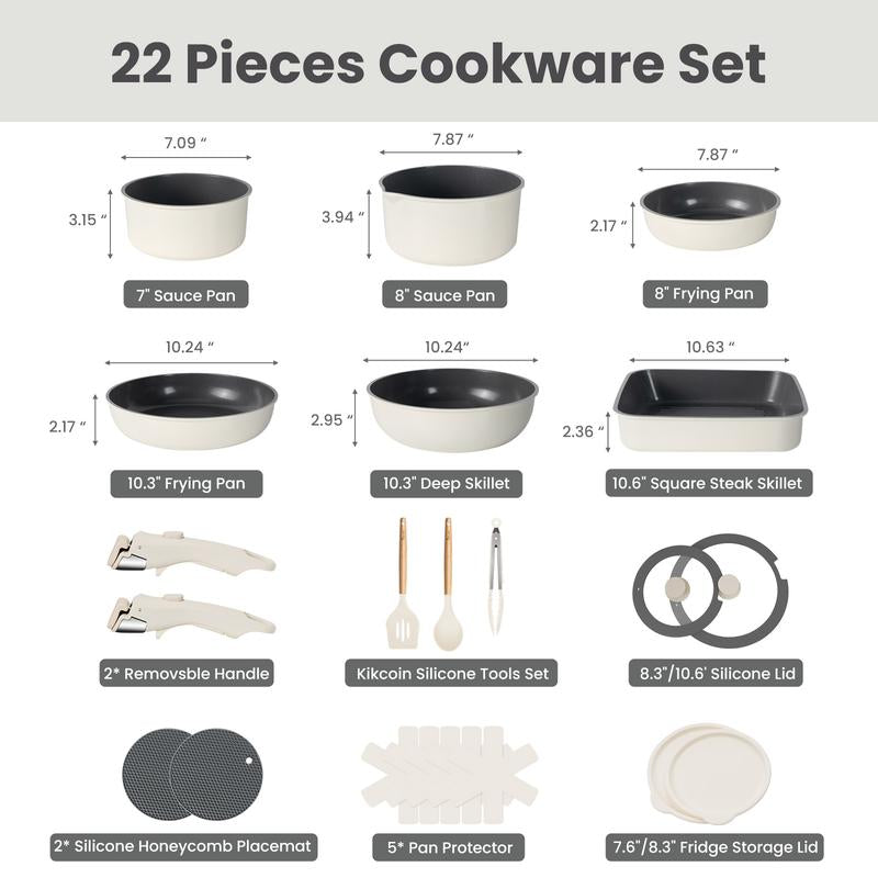 Kikcoin Ceramic Pro 22-Piece Nonstick Cookware Set – Detachable Handles, SGS Certified, PFOA-Free, Stackable