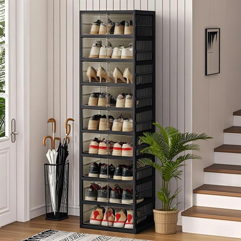 9-Tier Foldable Shoe Organizer with Clear Doors – Holds 18 Pairs, Wheeled, Tool-Free Assembly