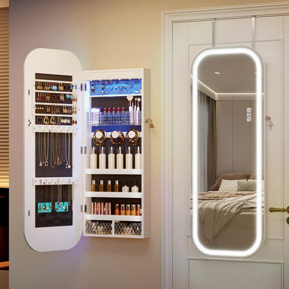 Miuvanity 5-in-1 360° Swivel Jewelry Cabinet with LED Mirror – Lockable, Standing Armoire with 108 Earring Slots & Full-Length Mirror
