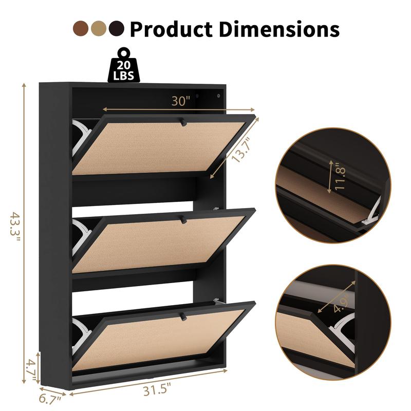 Giratree Farmhouse Shoe Cabinet with Flip Drawers – Slim Freestanding Entryway Shoe Rack | 2, 3 & 4-Tier | Black, Natural, Walnut