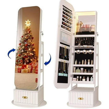 Miuvanity 5-in-1 360° Swivel Jewelry Cabinet with LED Mirror – Lockable, Standing Armoire with 108 Earring Slots & Full-Length Mirror