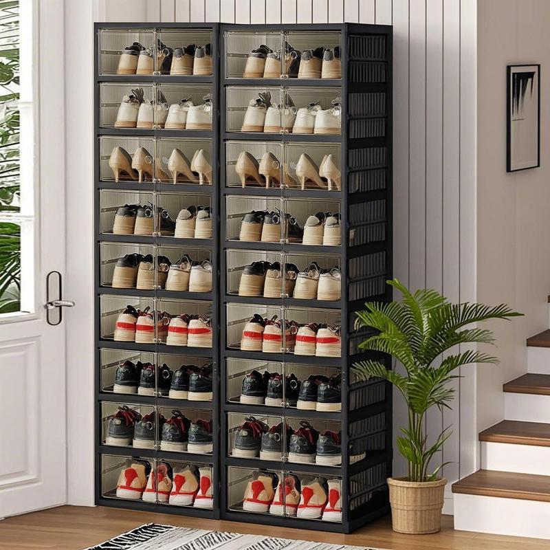 9-Tier Foldable Shoe Organizer with Clear Doors – Holds 18 Pairs, Wheeled, Tool-Free Assembly