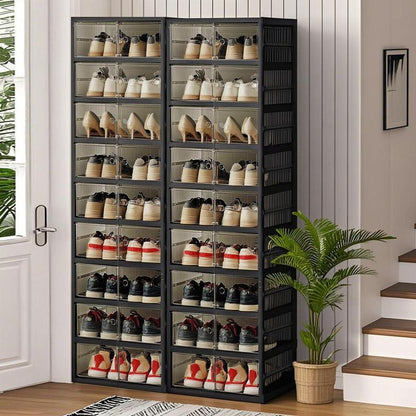 9-Tier Foldable Shoe Organizer with Clear Doors – Holds 18 Pairs, Wheeled, Tool-Free Assembly