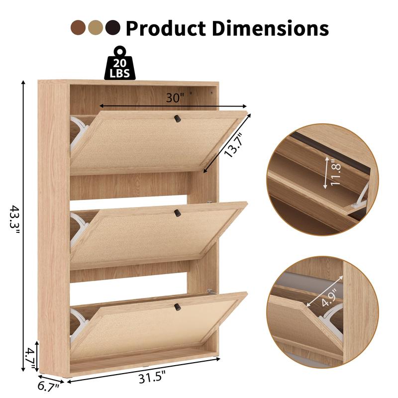 Giratree Farmhouse Shoe Cabinet with Flip Drawers – Slim Freestanding Entryway Shoe Rack | 2, 3 & 4-Tier | Black, Natural, Walnut