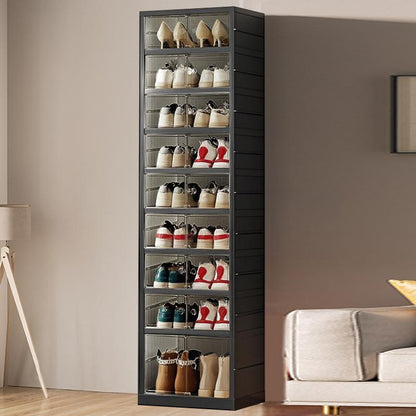 9-Tier Foldable Shoe Organizer with Clear Doors – Holds 18 Pairs, Wheeled, Tool-Free Assembly