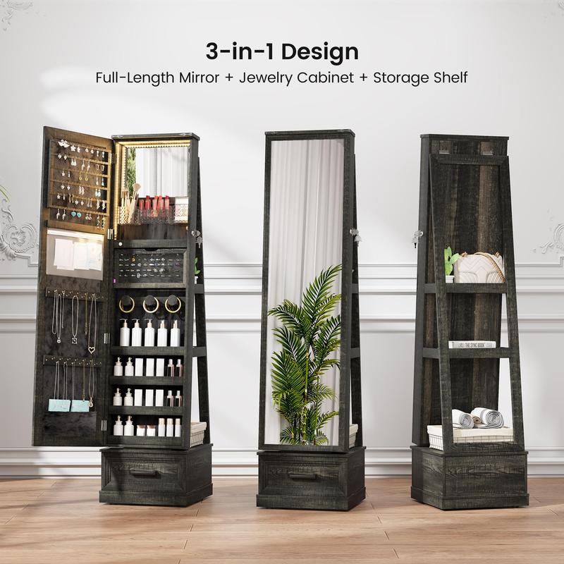 Miuvanity 5-in-1 360° Swivel Jewelry Cabinet with LED Mirror – Lockable, Standing Armoire with 108 Earring Slots & Full-Length Mirror
